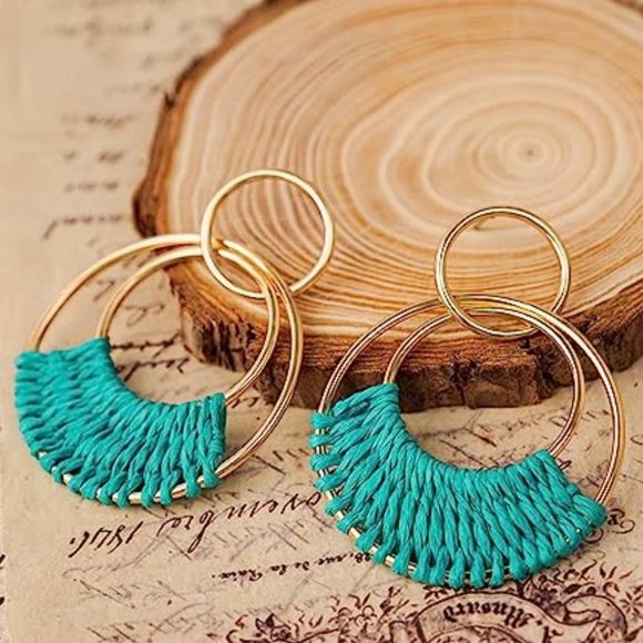 Teal Blue Woven Raffia Gold Hoop Earrings Boho Wicker Hoops Links Post Style New - Picture 2 of 5